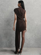 One Shoulder Ruched Asymmetric Drape Train Bodycon Mini Dress