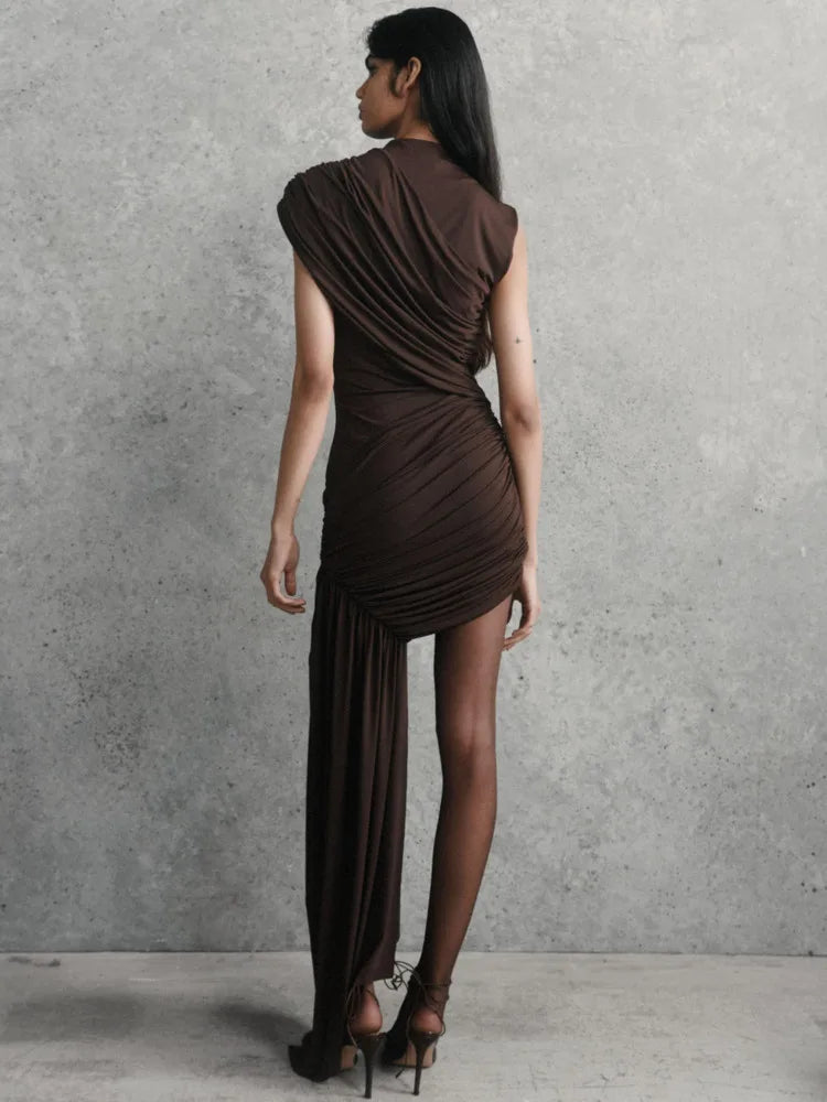 One Shoulder Ruched Asymmetric Drape Train Bodycon Mini Dress