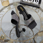 Summer Blue Denim Rhinestone Women's Slippers with 7CM Heel