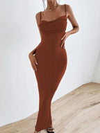 Cowl Neck Spaghetti Strap Ruched Bodycon Maxi Dress