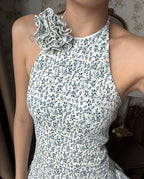 Ditsy Floral Print Halter Neck Smocked Bodice Tiered Ruffle Mini Dress