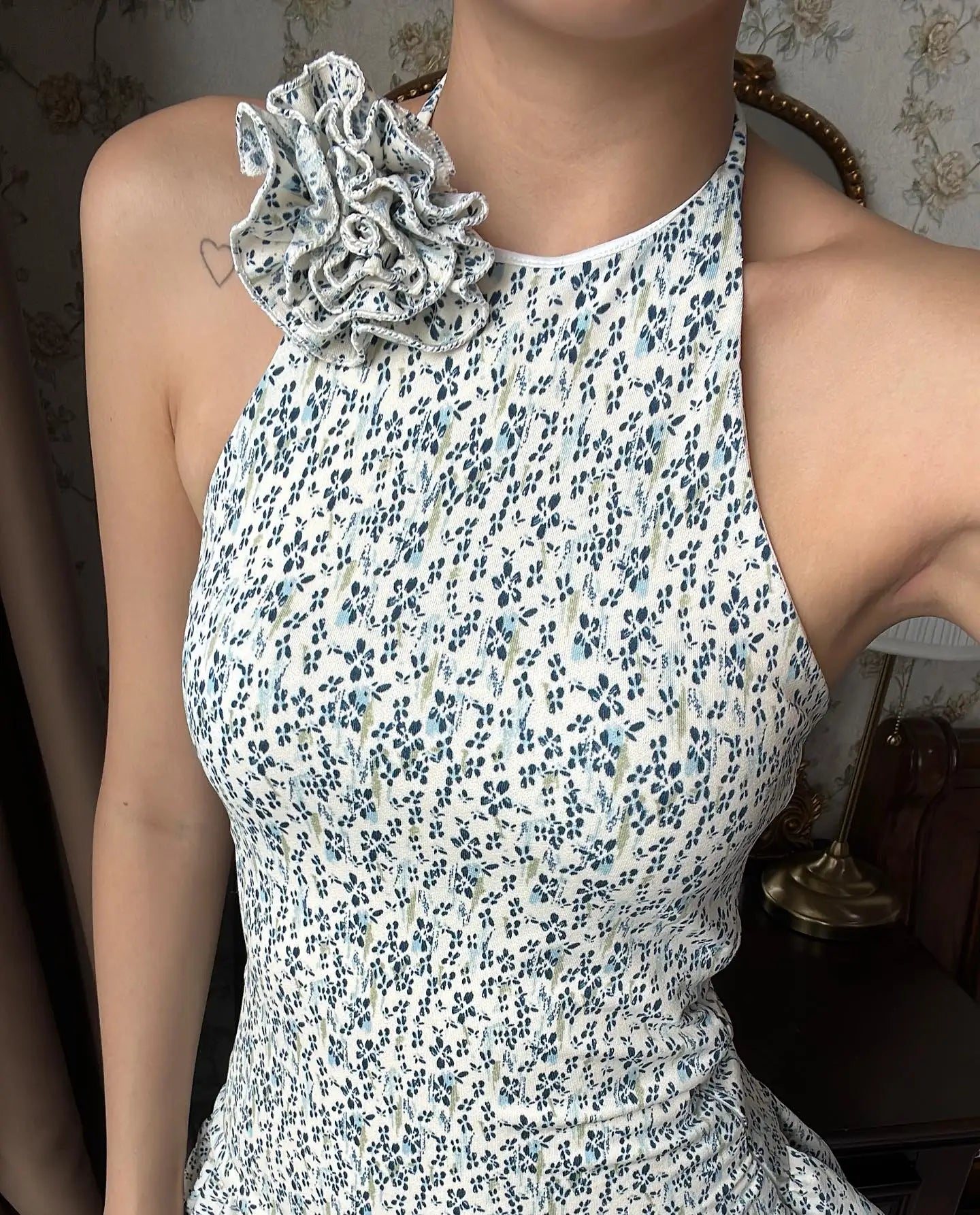 Ditsy Floral Print Halter Neck Smocked Bodice Tiered Ruffle Mini Dress