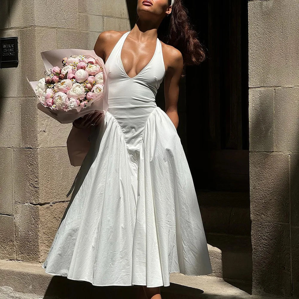 Halter Plunging V-Neck Drop Waist Pleated Fit and Flare Midi Dress