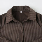 Vintage Brown Striped Blouse Women Fashion High Street Fitted Tee Shirt 2000s Casual Button Top Ladies Fall Outfits
