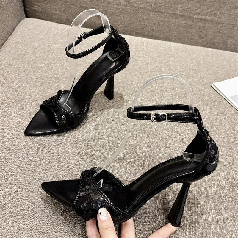Bling Sequin Pointed Toe Women Sandals with Thin Heels