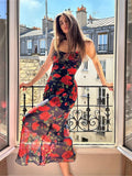Large Scale Floral Print Spaghetti Strap Sheer Skirt Bodycon Maxi Dress