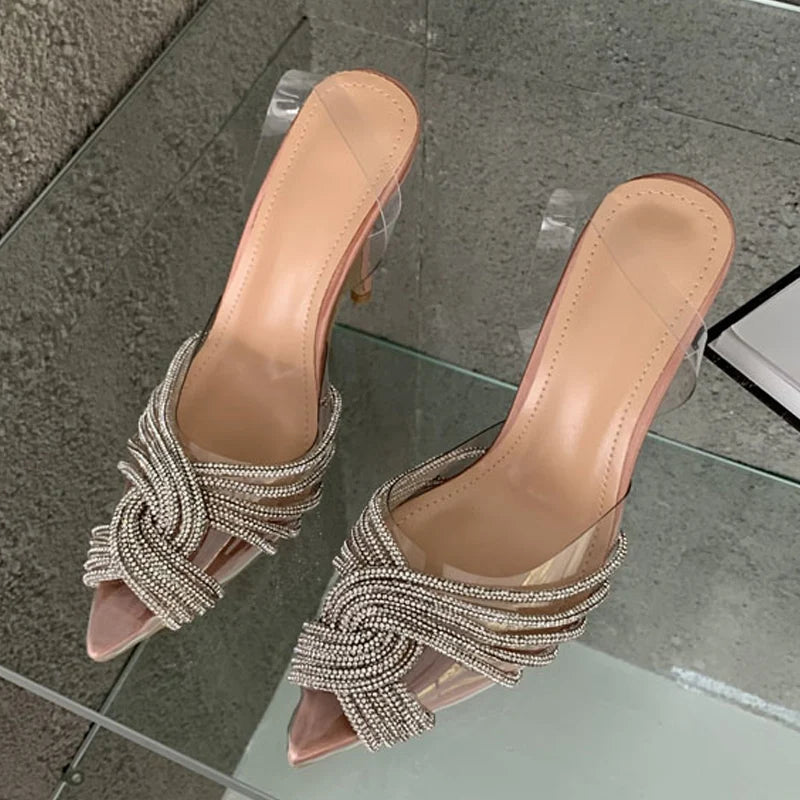 Crystal Clear Pointed Toe High Heel Slingback Sandals