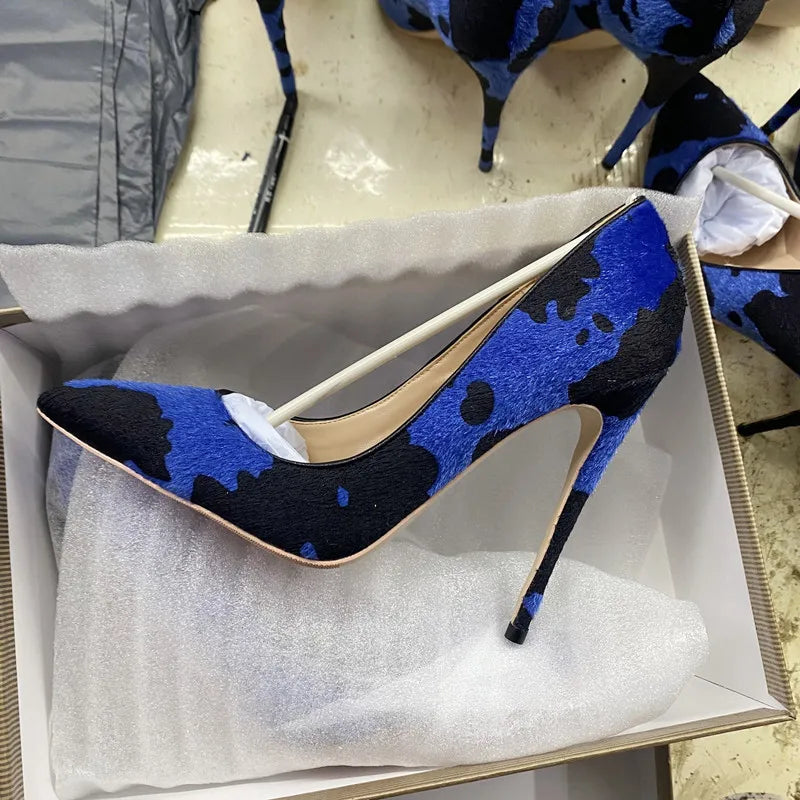 Blue Cow Women Hairy Flock Pointy Toe High Heel Shoes   Cow Women High Heel Shoes