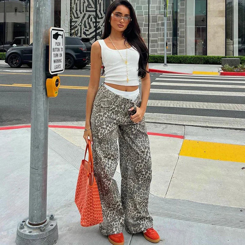 New Leopard Print Retro Straight Long Pants For Women Loose Slightly Flared Trousers Female Streetwear Club Party Pants