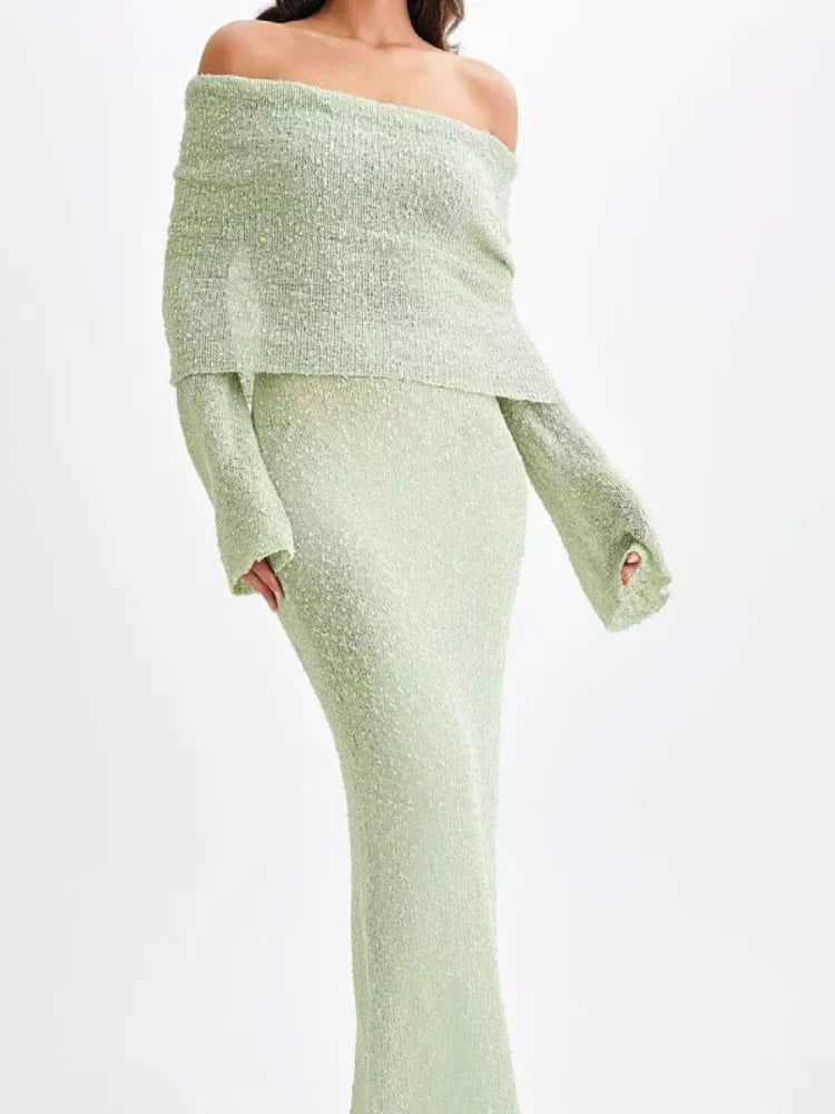 Off Shoulder Textured Knit Bell Sleeve Ruched Collar Bodycon Mini Dress