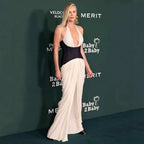 Colorblock Halter Plunging Corset Waist Draped Maxi Gown