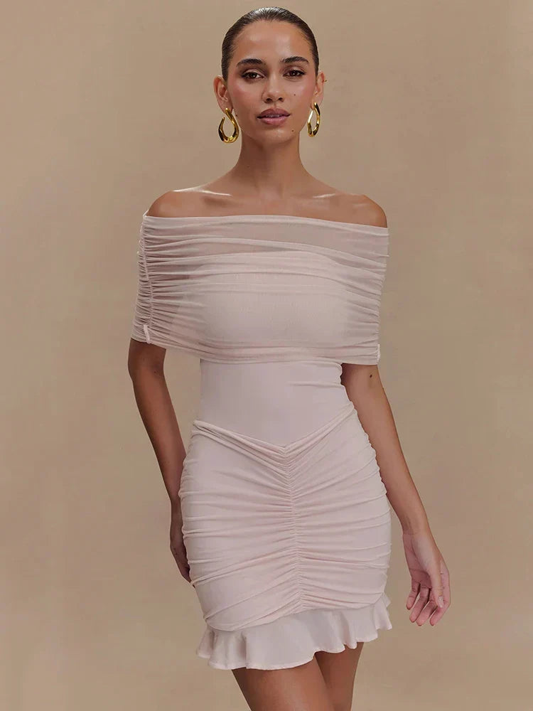 Off Shoulder Mesh Ruched Overlay Ruffle Hem Bodycon Mini Dress
