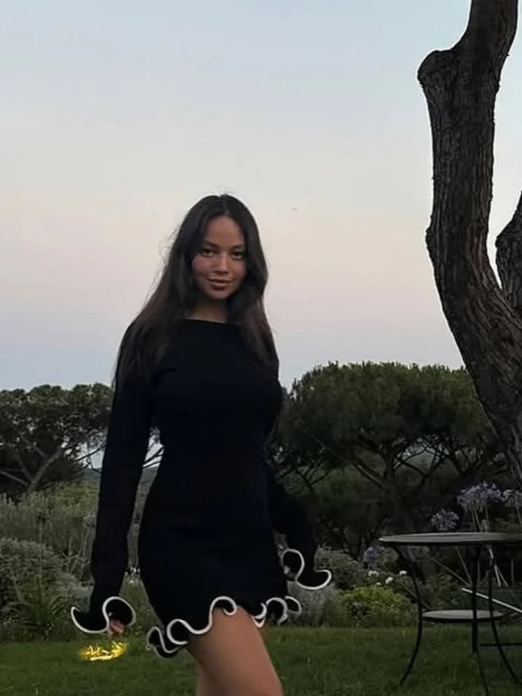 Boat Neck Long Sleeve Knit Ruffle Cuff and Hem Mini Dress