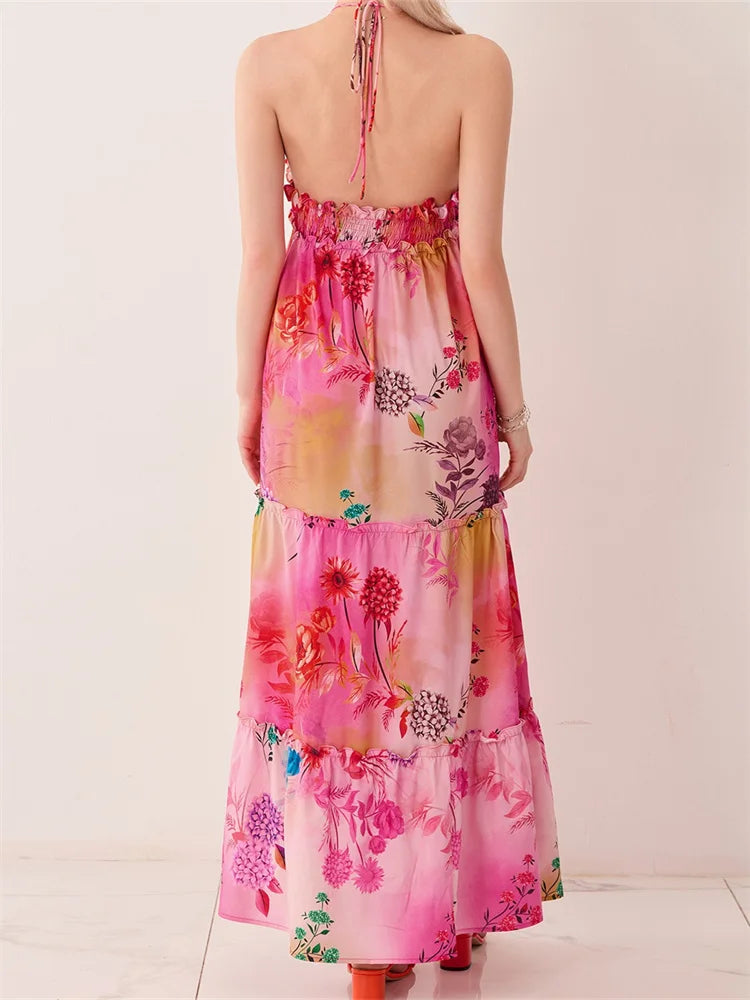 Floral Print Halter Deep V-Neck Tiered Ruffle Trim Maxi Dress
