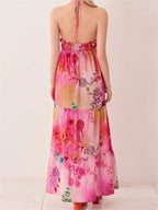 Floral Print Halter Deep V-Neck Tiered Ruffle Trim Maxi Dress