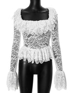Splice Lace Square Collar See-through Top For Women Fashion Slim Sexy Flare Long Sleeve White T-Shirt Female Pullover New