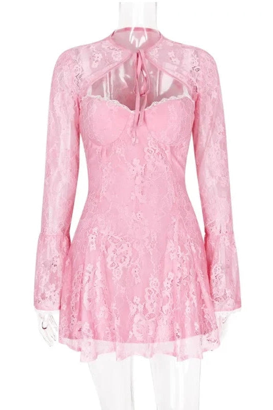 A-Line Mini Dress with O-Neck, High Waist, Long Sleeves, and Lace-Up Detail