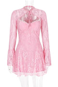 A-Line Mini Dress with O-Neck, High Waist, Long Sleeves, and Lace-Up Detail