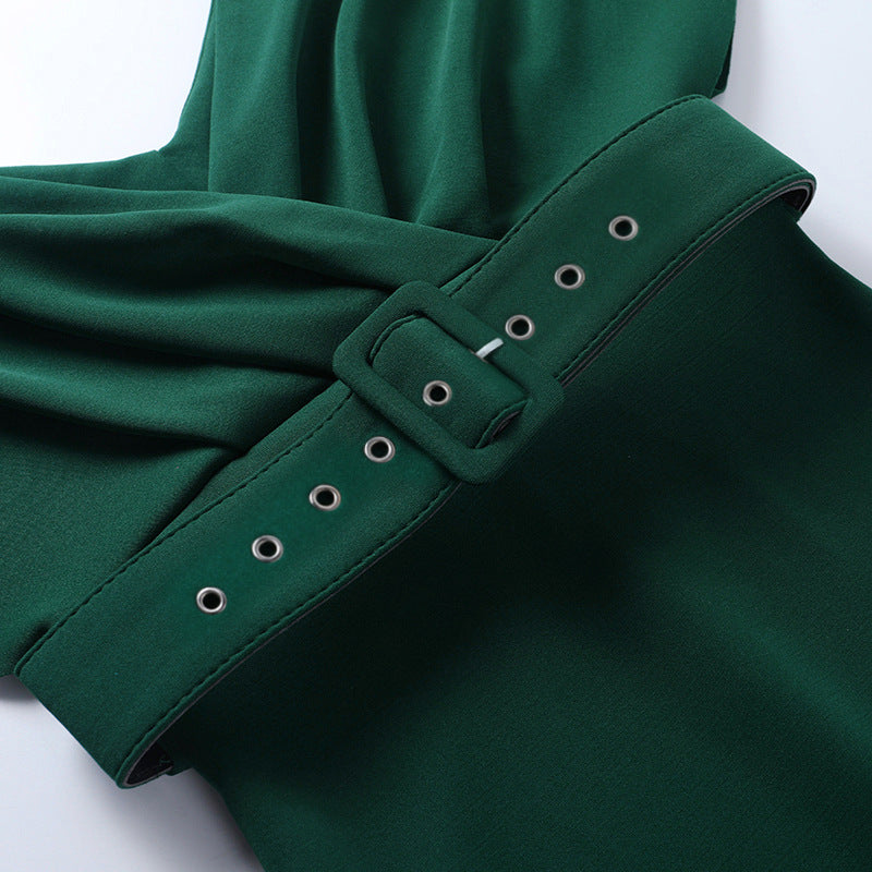 Off Shoulder Draped Cap Sleeve Wrap Belt Grommet Bodycon Midi Dress