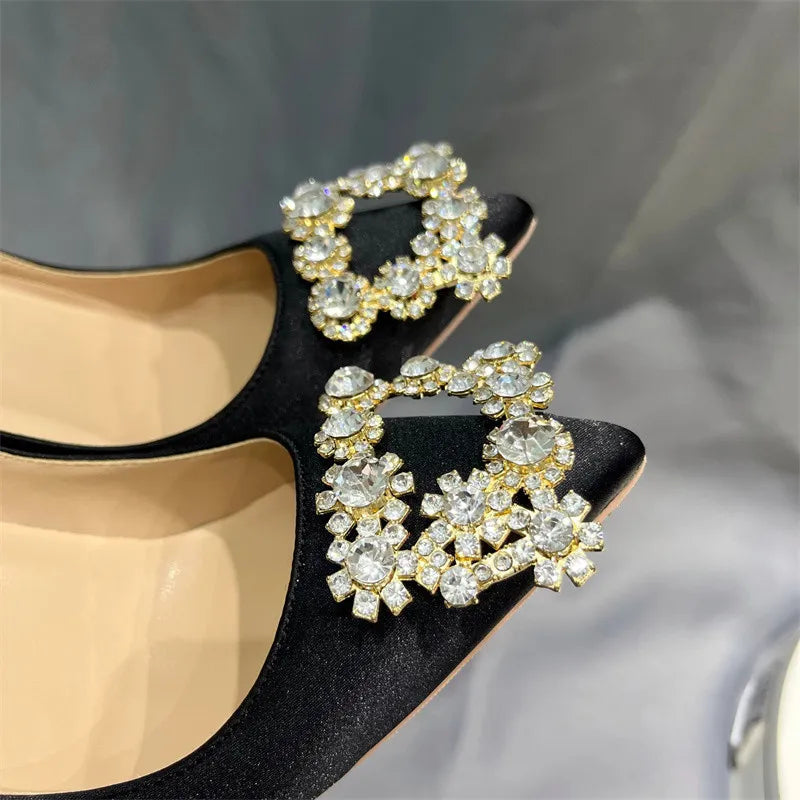 Black Satin Pointy Toe High Heel Shoes with Glitter Diamante Square Detail