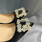 Black Satin Pointy Toe High Heel Shoes with Glitter Diamante Square Detail