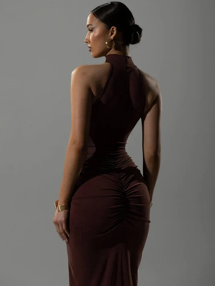 Ribbed Knit Halter Neck Ruched Hip High Split Maxi Dress