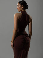Ribbed Knit Halter Neck Ruched Hip High Split Maxi Dress
