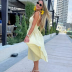 Square Neck Smocked Bodice Flared Hem Midi Dress
