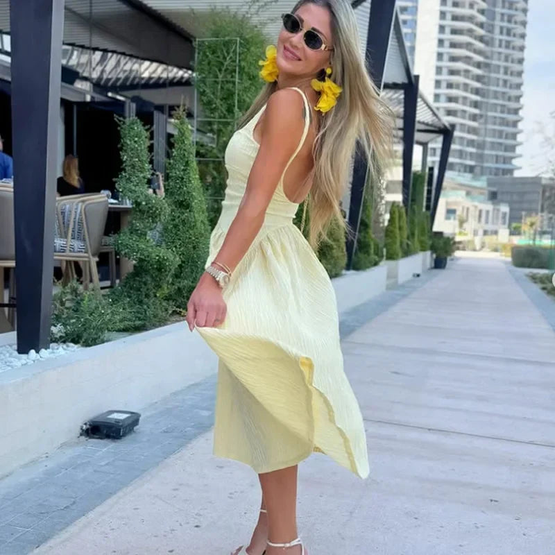 Square Neck Smocked Bodice Flared Hem Midi Dress