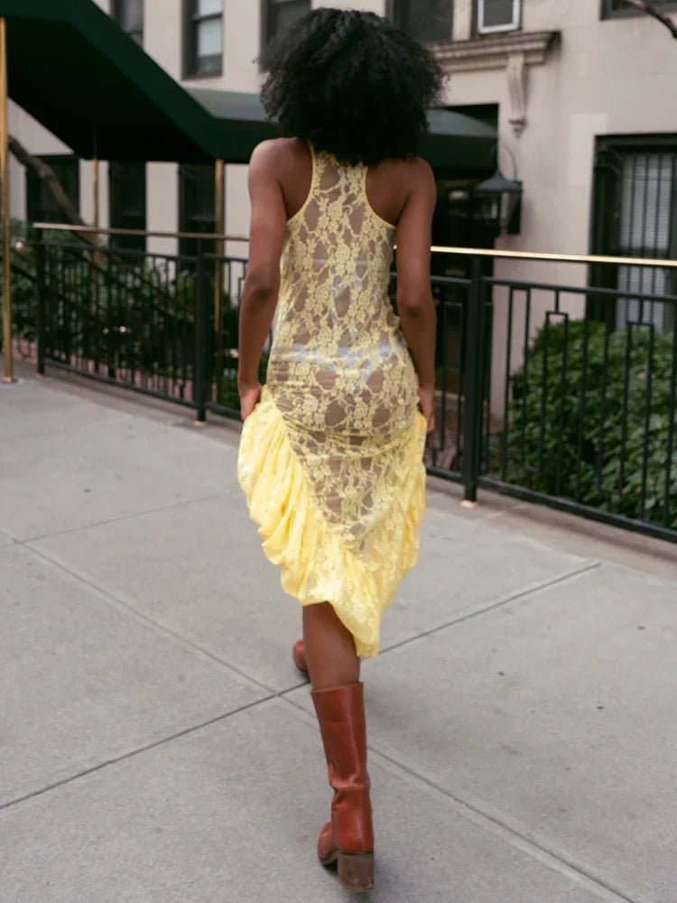 Floral Lace Racerback Ruffle Hem Sheer Maxi Dress