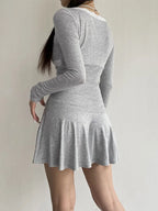 Square Neck Lace Trim Empire Waist Ribbon Bow Long Sleeve Fit and Flare Mini Dress