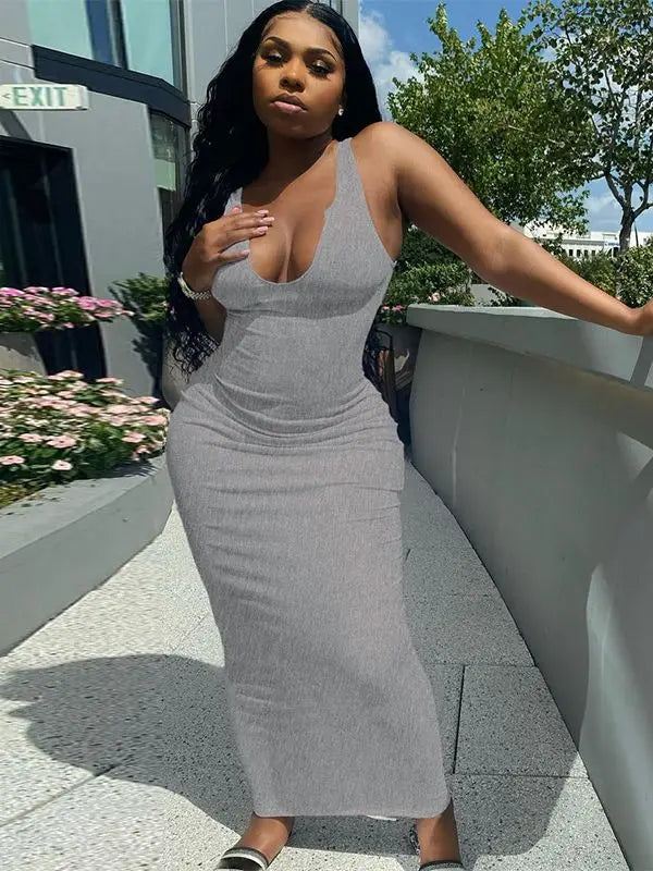 Ribbed Knit Deep Scoop Neck Tank Bodycon Maxi Dress