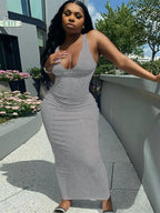 Ribbed Knit Deep Scoop Neck Tank Bodycon Maxi Dress