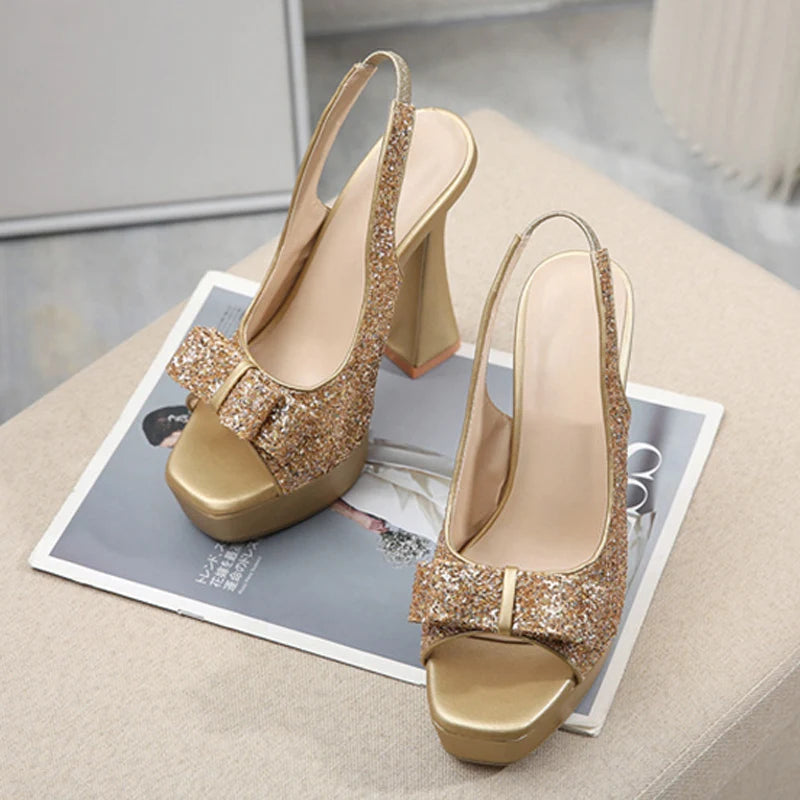 Glitter Sequined Bowknot Peep Toe Gold Sandals with Back Strap