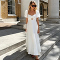 White Square Collar Puff Sleeve Long Dress For Women Slim A-Line Twist Hollow Out Cotton Elegant Dresses Autumn Fashion