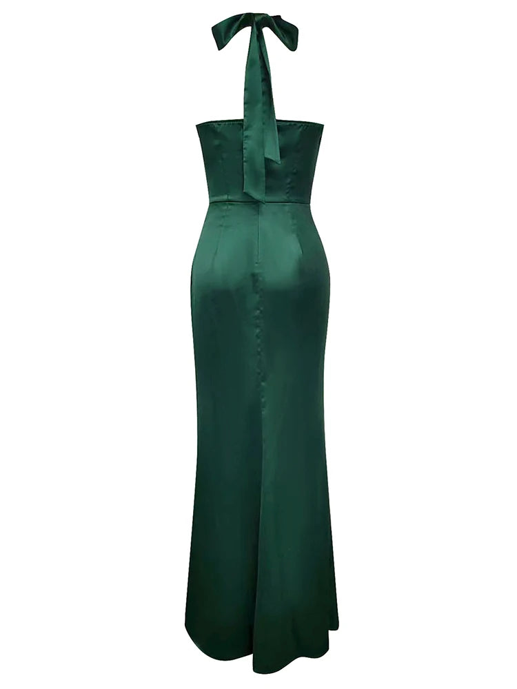 Giovanna Halter Satin Gown Dress with High Slit