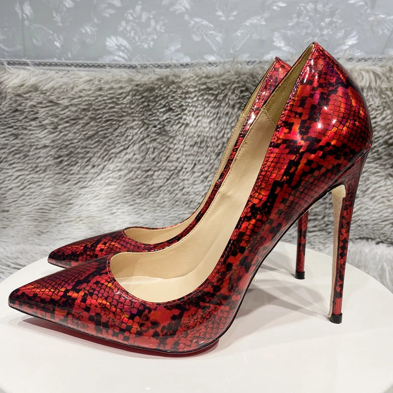 Red Snakeskin Print Women Sexy Pointy Toe High Heel Shoes
