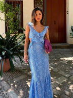Blue Hollow Out Embroidered Midi Dress Women Summer New V Neck Sleeveless Ruffle Long Dresses Elegant Fashion Holiday Vestidos