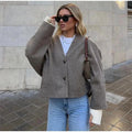 Vintage Solid Single Breasted Short Coats Women Casual Long Sleeves V Neck Crop Jackets Autumn Chic Lady Commuter Outerwear