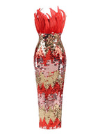 Yvaine Strapless Red Dress with Feathers and Sequins