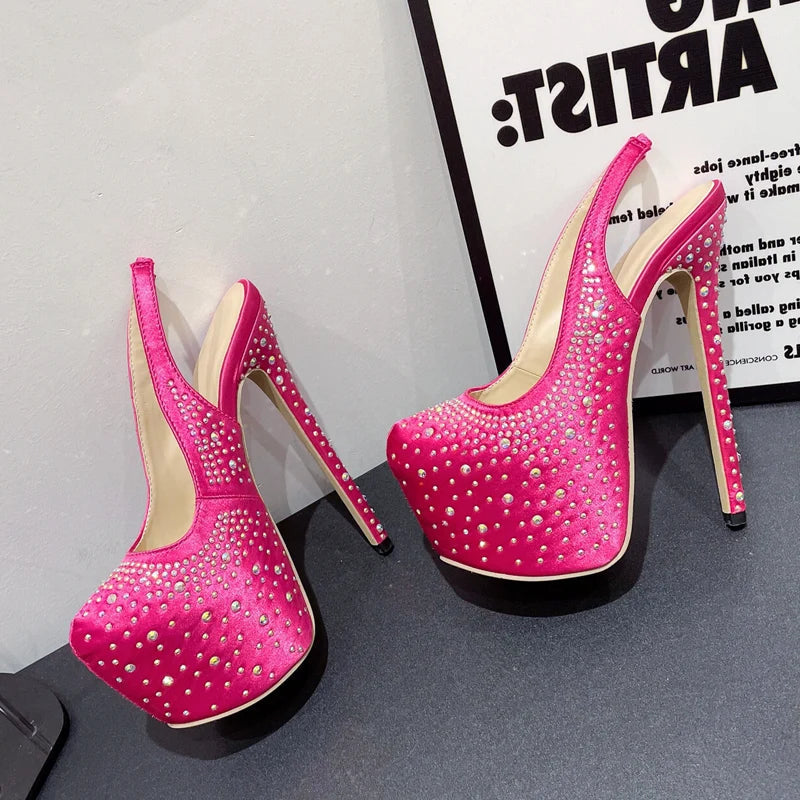Rhinestone Silk Crystal Platform Pumps Stiletto Heels for Women