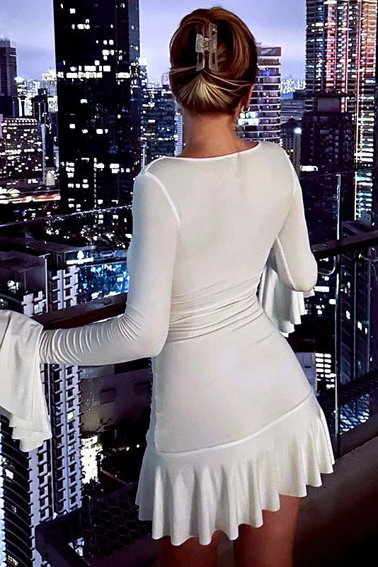 V-Neck Patchwork Mini Dress with Long Sleeves and High Waist