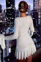 V-Neck Patchwork Mini Dress with Long Sleeves and High Waist