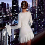 Deep V Tie Front Bell Sleeve Ruffle Hem Mini Dress