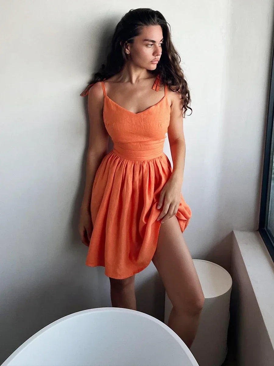 Tie Shoulder Bow Backless V-Neck Pleated Mini Dress