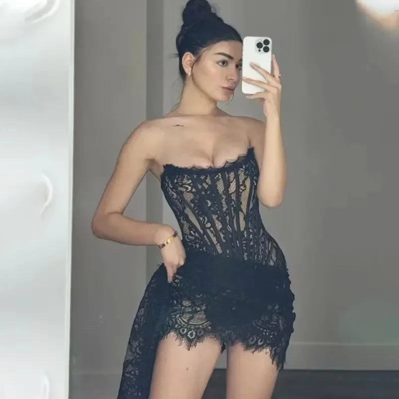 Strapless Lace Corset Bodice Lace Wrap Asymmetric Hem Mini Skirt Set