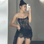 Strapless Lace Corset Bodice Lace Wrap Asymmetric Hem Mini Skirt Set