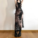 Tie Dye Distressed Fringe High Split Bodycon Midi Dress