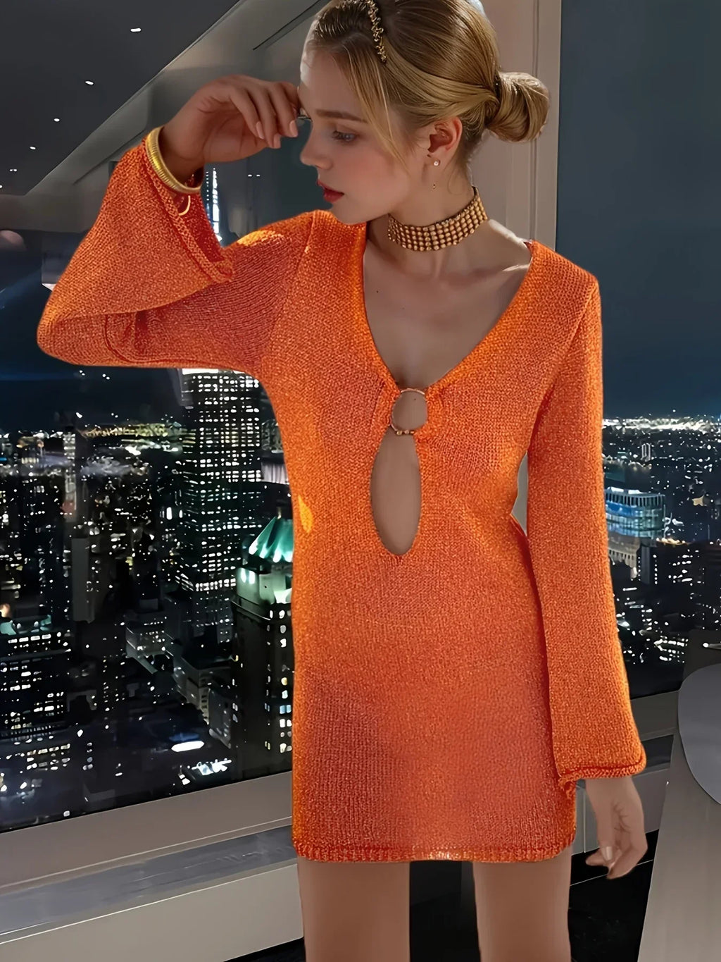 Deep V Ring Hardware Keyhole Metallic Knit Bell Sleeve Mini Dress