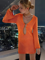 Deep V Ring Hardware Keyhole Metallic Knit Bell Sleeve Mini Dress